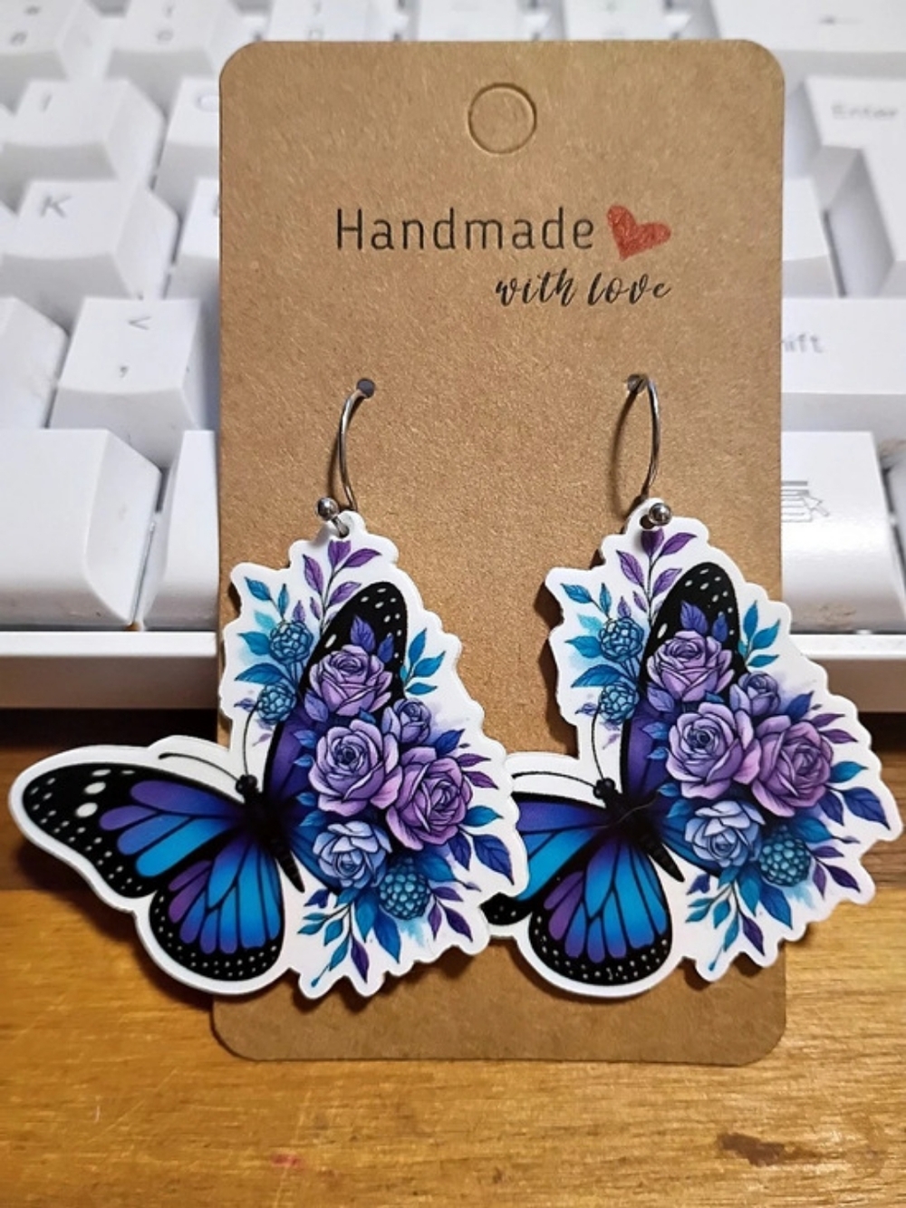 Rose Floral Butterfly Fashion Earrings in Blue & Purple